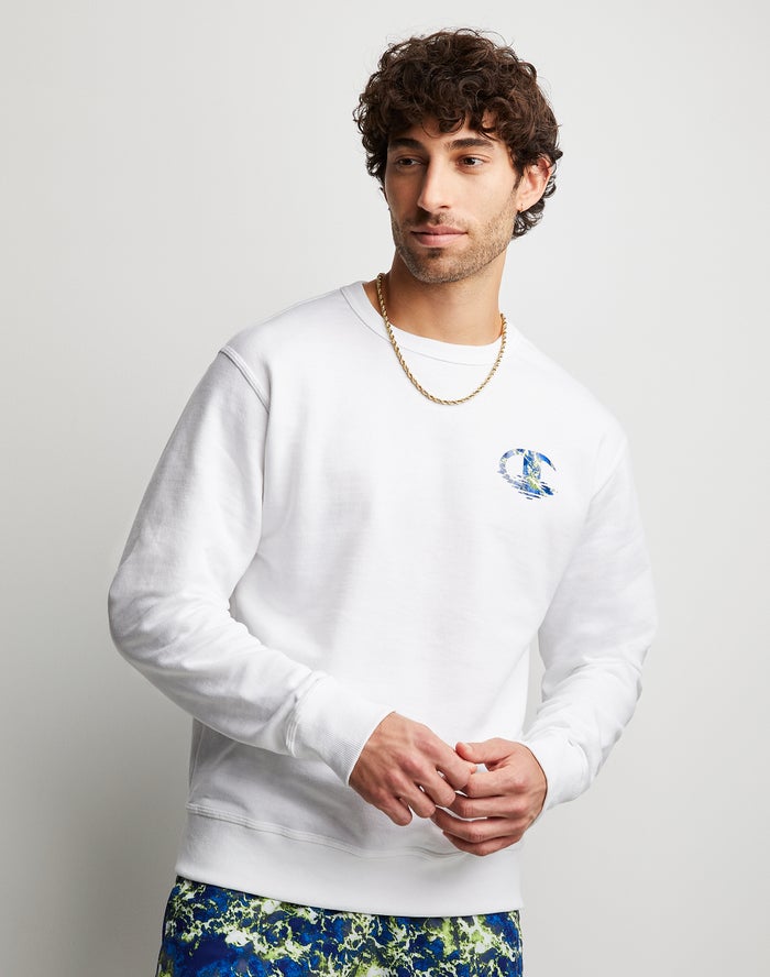 Champion Powerblend Fleece Crew Chasing Waves Sweatshirt Heren - Wit - Belgie 5067NFAWI